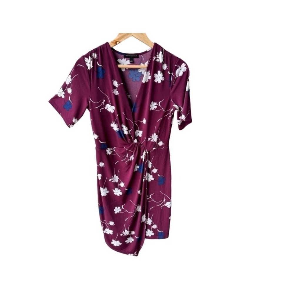 Banana Republic Dress Plum Floral Faux Wrap Twist Front Short Sleeve Size Small